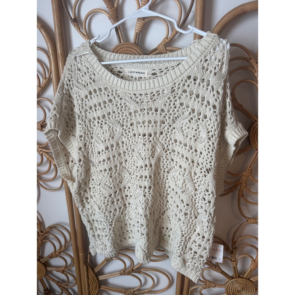 Lucky Brand Womens XXL Cream Crochet Knit Short Sleeve Boxy Sweater NWT